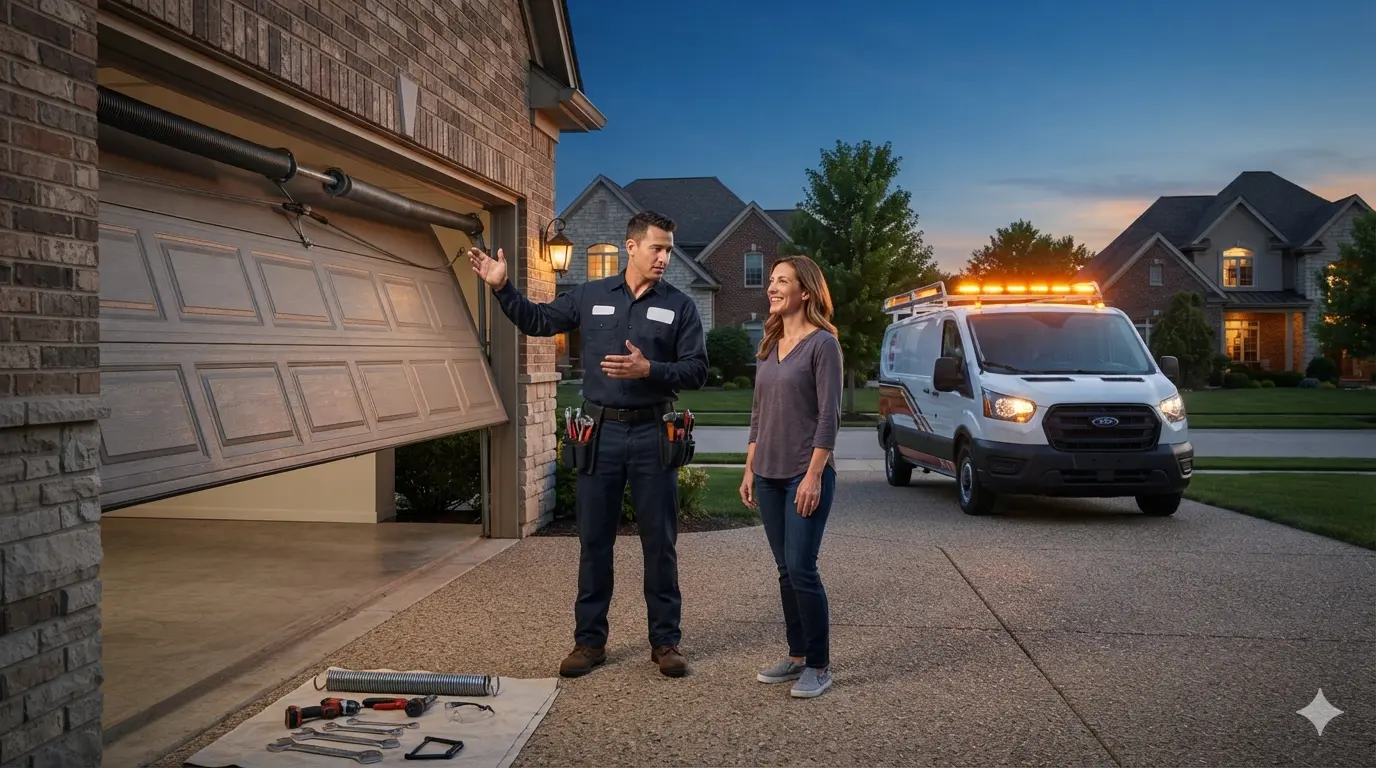 Emergency responder technician repairing an off-track garage door under headlights in Bowling Green, KY