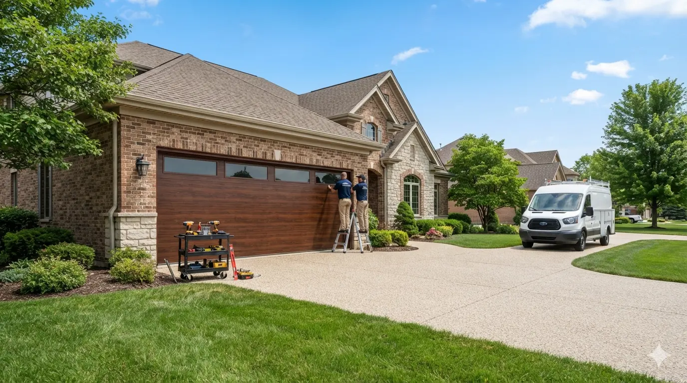 Stunning brand new modern insulated carriage-style garage doors installed on a beautiful brick home in Bowling Green, KY