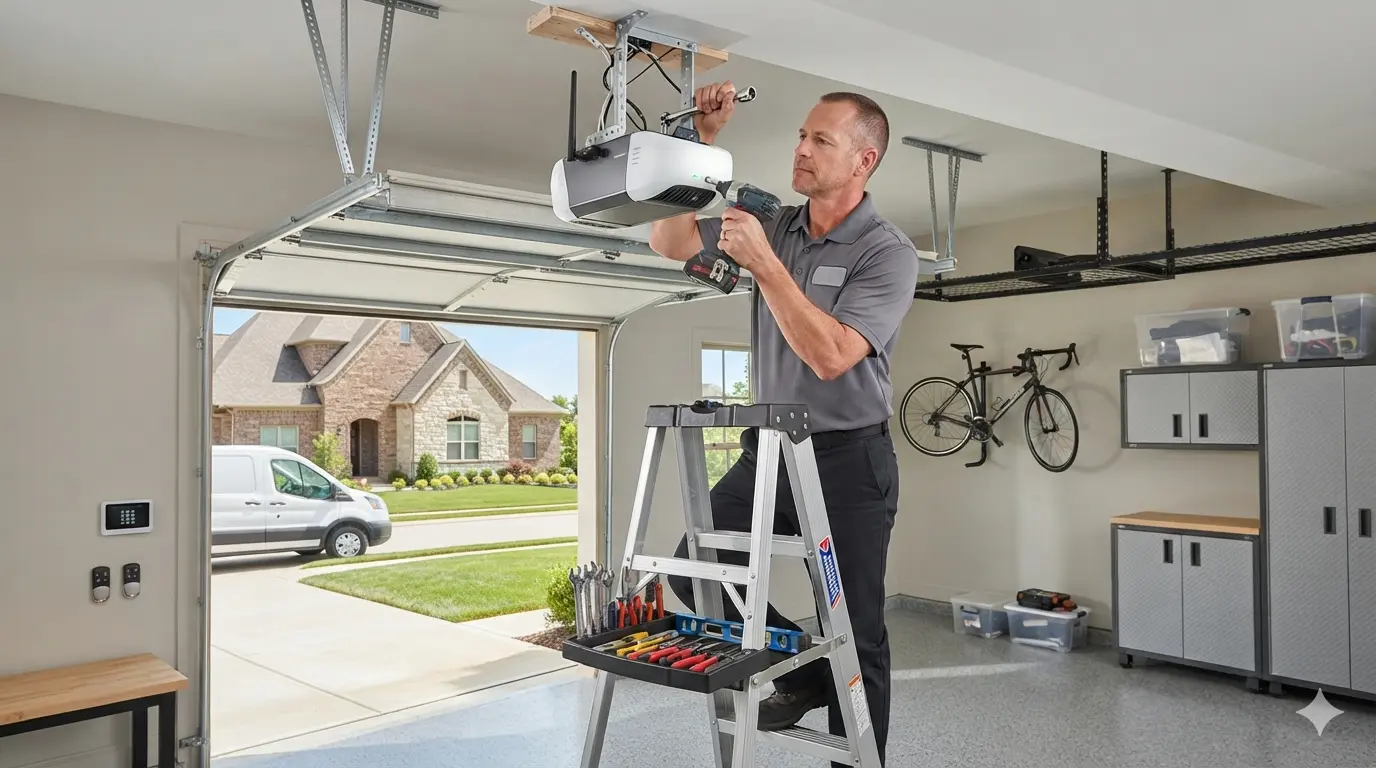 Brand new smart Wi-Fi enabled belt-drive garage door opener installed and glowing in Bowling Green, KY