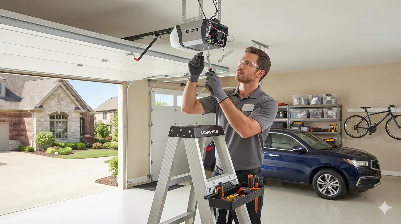 Garage door opener motor unit being serviced by a technician adjusting travel limit switches in Bowling Green, KY