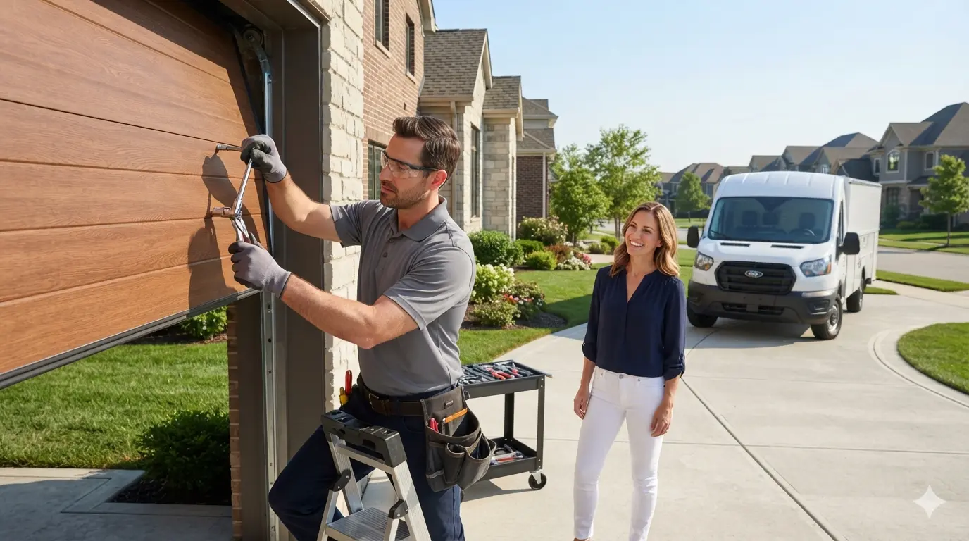 Professional garage door repair technician inspecting and aligning track hardware in Bowling Green, KY